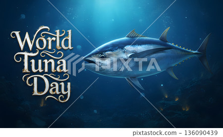 World Tuna Day concept with realistic bluefin tuna swimming underwater on deep blue ocean background. Marine life, seafood industry, fishing awareness and ocean conservation theme. AI generated image 136090439