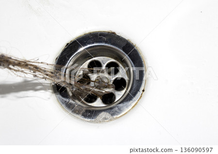 Unblocking brown hair from sink hole drain close up unhygenic gross job 136090597