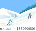 Winter Sport Ski Mountaineering. Athletes descends, climbs uphill. 136090680