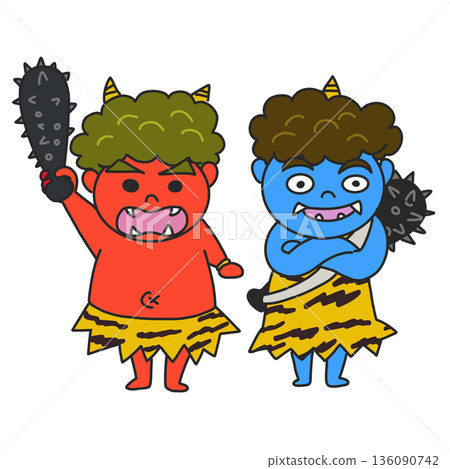 Illustration of children with red and blue demons Illustration of children with red and blue demons 136090742