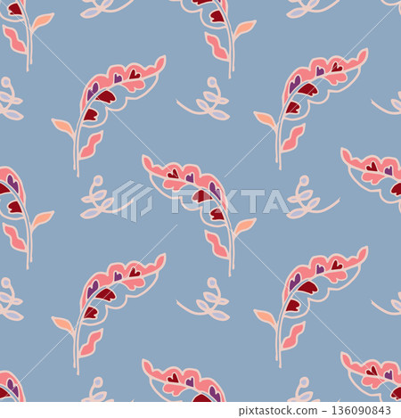 Soft Blue Folk Leaf Motif Print 136090843