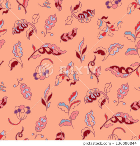 Warm Peach Folk Botanical Scatter Print 136090844