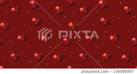 Valentines Day love seamless pattern on red background. Glossy red 3d heart with golden beads decoration. Romantic vector wrapping paper texture Valentines Day love seamless pattern on red background. Glossy red 3d heart with golden beads decoration. Romantic vector wrapping paper texture 136090997