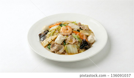 Chinese rice bowl ingredients Eight treasures sauce Dim sum All-you-can-eat menu White background 136091037