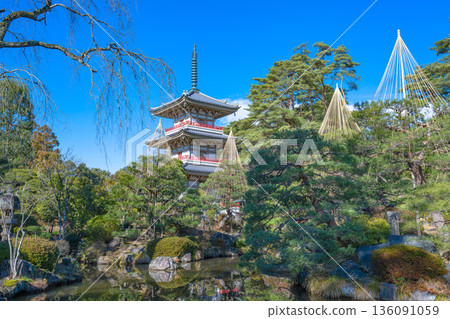 Rinno-ji Temple Three-story Pagoda The blue sky and the tower view shining in the winter garden 136091059