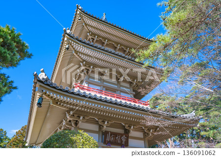 Rinno-ji Temple: Blue sky and winter pine trees overlooking the three-story pagoda Rinno-ji Temple: Blue sky and winter pine trees overlooking the three-story pagoda 136091062