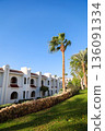 A white hotel building in an Arabian resort with green planted grounds 136091334