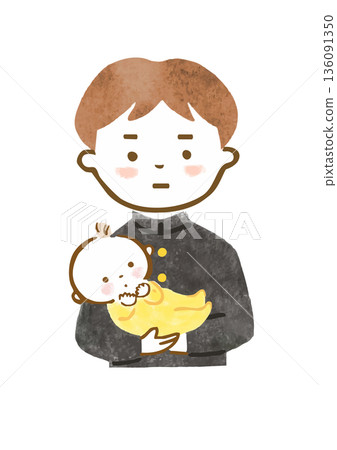 Illustration (upper body) of a boy in a uniform holding a baby with a stern expression Illustration (upper body) of a boy in a uniform holding a baby with a stern expression 136091350