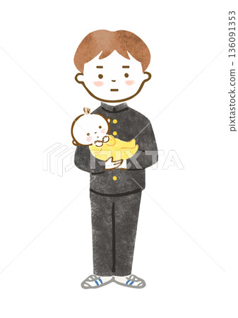 Illustration of a boy in a uniform holding a baby with a stern expression 136091353