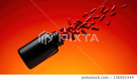 Explosion of Red Capsules Flying Out of Black Supplement Bottle Explosion of Red Capsules Flying Out of Black Supplement Bottle 136091444
