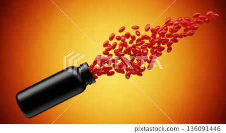 Explosion of Red Capsules Flying Out of Black Supplement Bottle 136091446