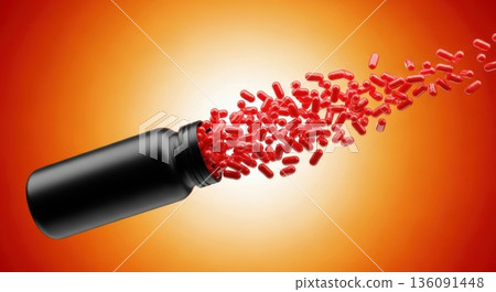 Explosion of Red Capsules Flying Out of Black Supplement Bottle 136091448