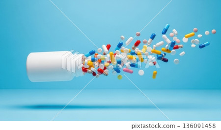 Colorful Medical Capsules Flying Out of White Pill Bottle 136091458