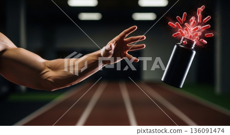 Muscular Arm Reaching for Exploding Red Capsules in Dark Gym 136091474