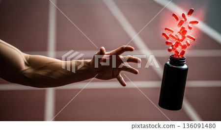 Muscular Arm Reaching for Exploding Red Capsules in Dark Gym Muscular Arm Reaching for Exploding Red Capsules in Dark Gym 136091480