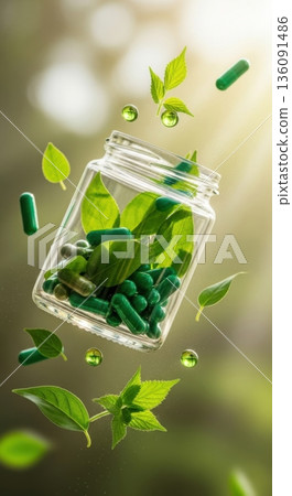 Herbal Medicine Green Capsules in Glass Jar with Fresh Leaves 136091486