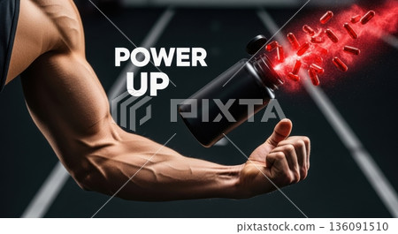 Muscular Arm Reaching for Exploding Red Capsules in Dark Gym 136091510