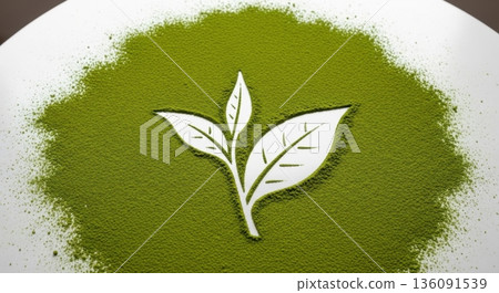 Green matcha powder with a leaf shape negative space Green matcha powder with a leaf shape negative space 136091539