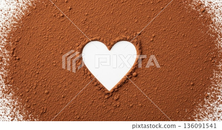 Heart shape in cocoa powder on white background top view. Heart shape in cocoa powder on white background top view. 136091541