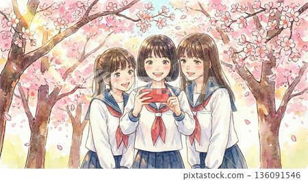 三位女士在櫻花樹下拍照 136091546