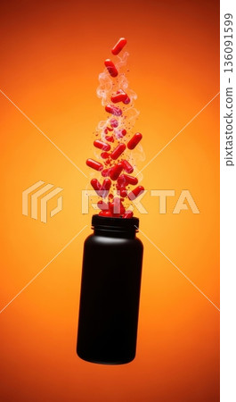 Explosion of Red Capsules Flying Out of Black Supplement Bottle 136091599