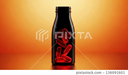 Explosion of Red Capsules Flying Out of Black Supplement Bottle 136091601