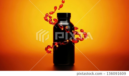 Explosion of Red Capsules Flying Out of Black Supplement Bottle Explosion of Red Capsules Flying Out of Black Supplement Bottle 136091609