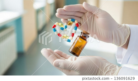 Medical Professional Holding Heart Shape of Capsules Over Glass Jar Medical Professional Holding Heart Shape of Capsules Over Glass Jar 136091629