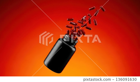 Explosion of Red Capsules Flying Out of Black Supplement Bottle Explosion of Red Capsules Flying Out of Black Supplement Bottle 136091630