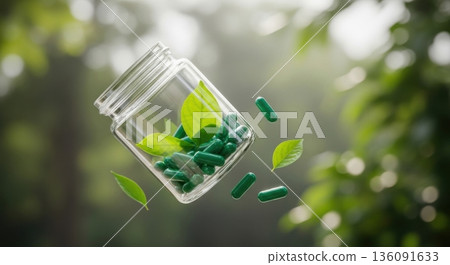 Herbal Medicine Green Capsules in Glass Jar with Fresh Leaves Herbal Medicine Green Capsules in Glass Jar with Fresh Leaves 136091633