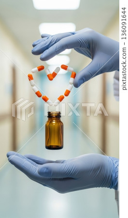 Medical Professional Holding Heart Shape of Capsules Over Glass Jar 136091644