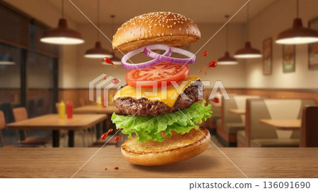 Delicious Beef Burger Ingredients Flying In The Air Isolated Delicious Beef Burger Ingredients Flying In The Air Isolated 136091690