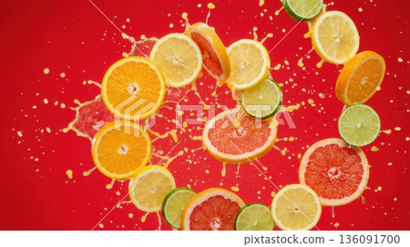Exploded View Of Tropical Citrus Fruit Slices And Juice Splash Exploded View Of Tropical Citrus Fruit Slices And Juice Splash 136091700