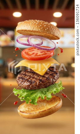 Delicious Beef Burger Ingredients Flying In The Air Isolated 136091714