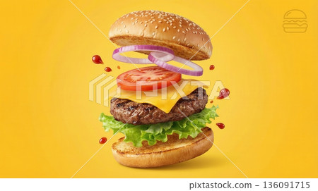 Delicious Beef Burger Ingredients Flying In The Air Isolated 136091715
