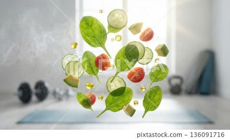 Fresh Green Vegetable Salad Ingredients fitness background Fresh Green Vegetable Salad Ingredients fitness background 136091716