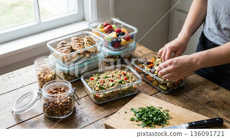 Modern Healthy Meal Prep with Glass Containers on Kitchen Table 136091721