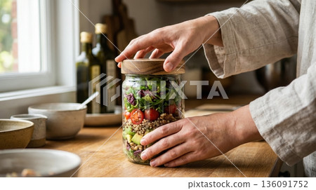 Modern Healthy Meal Prep with Glass Containers on Kitchen Table 136091752