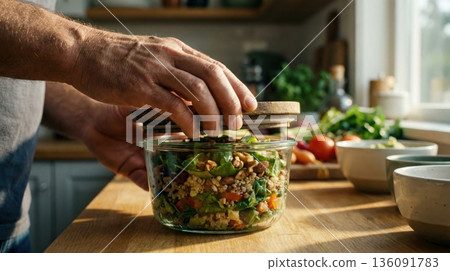 Modern Healthy Meal Prep with Glass Containers on Kitchen Table Modern Healthy Meal Prep with Glass Containers on Kitchen Table 136091783
