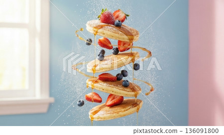Flying Stack Of Pancakes With Berries And Honey Syrup Art 136091800