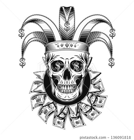 Joker, jester in harlequin hat with dollar fan 136091818