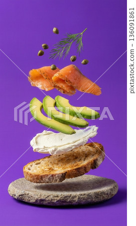 Deconstructed Salmon And Avocado Toast Ingredients purple background 136091861
