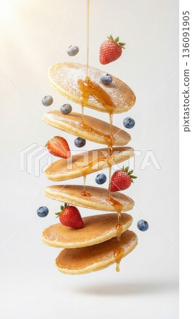 Flying Stack Of Pancakes With Berries And Honey Syrup Art Flying Stack Of Pancakes With Berries And Honey Syrup Art 136091905