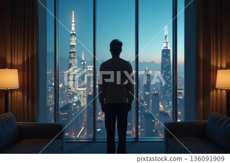 Silhouette Contemplating Passive Income Cityscape Through Window 136091909