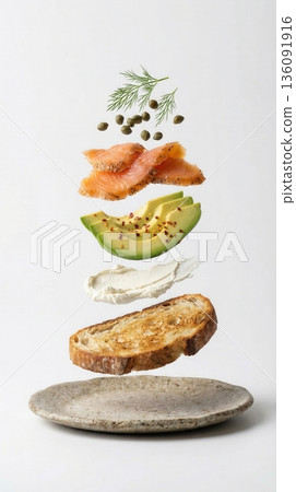 Deconstructed Salmon And Avocado Toast Ingredients white background 136091916