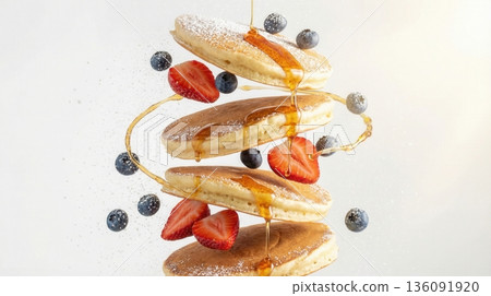 Flying Stack Of Pancakes With Berries And Honey Syrup Art Flying Stack Of Pancakes With Berries And Honey Syrup Art 136091920
