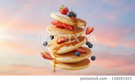Flying Stack Of Pancakes With Berries And Honey Syrup Art 136091925
