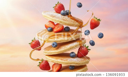 Flying Stack Of Pancakes With Berries And Honey Syrup Art 136091933