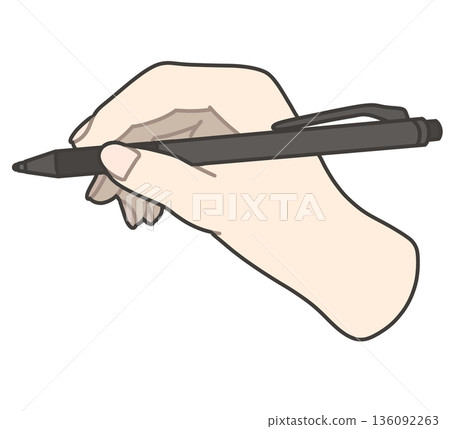 Illustration of a right hand holding a black ballpoint pen 136092263