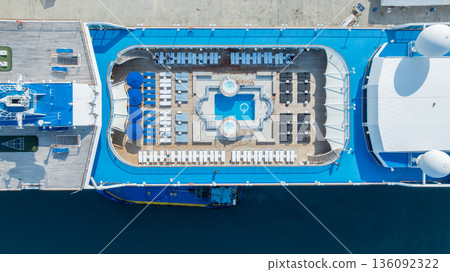 Aerial view luxury ocean cruise ship on clam blue sea, Elegant modern travel lifestyle, Luxury cruise ship liner modern maritime business ocean tourism, Global business cruise ship liner industry. 136092322